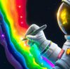 Astronaut writing on a rainbow nebula