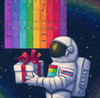 Astronaut holding gift and looking at calendar