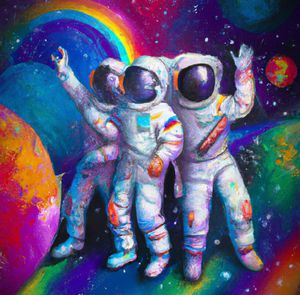 Group of astronauts hanging out in space