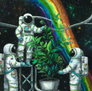 Astronauts growing a tall plant in space