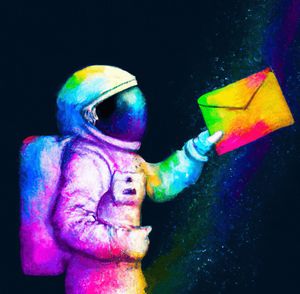 Rainbow astronaut holding an envelope