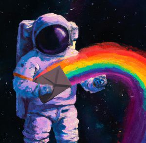Astronaut holding an email pouring a rainbow into space
