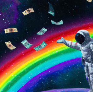Astronaut reaching out towards money raining down in space
