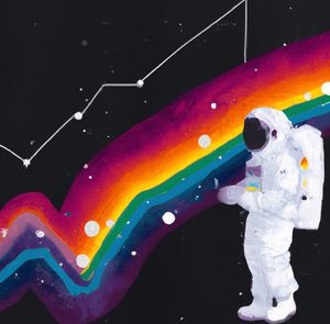 Astronaut looking at rainbow graphs and analytics in space