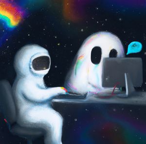 Astronaut co-working with a ghost in space