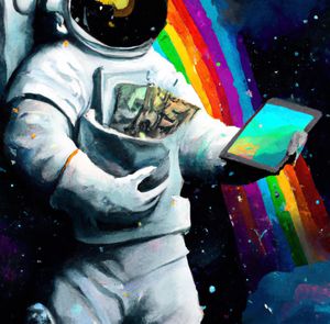 Astronaut looking at a tablet while holding a bag of money in space