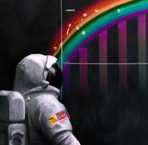 Astronaut looking at graphs in spac