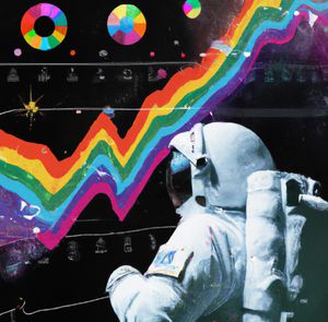 Astronaut looking at rainbow graphs and analytics in space