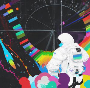 Astronaut watching a rocket ship take off in a graph-like galaxy