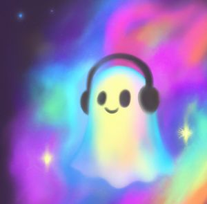 Happy Ghost with headphones on