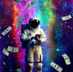 Astronaut looking at a phone in space while money rains down