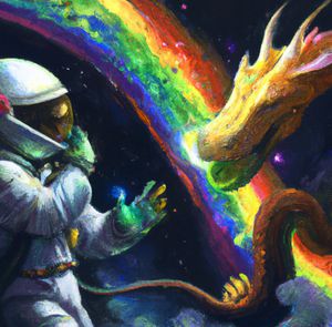 Astronaut working with powerful space dragon