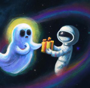 Astronaut giving gift to a ghost