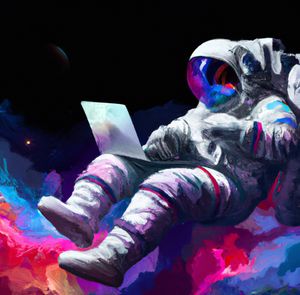 Painting of an astronaut working on a laptop in space