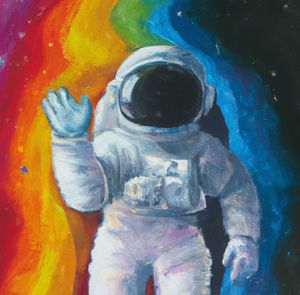 Painting of astronaut waving hello