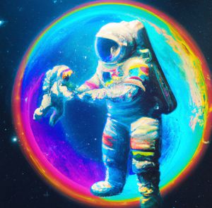 Astronaut with a tiny robot in space