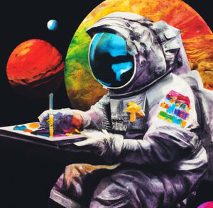 Astronaut tinkering with buttons in space