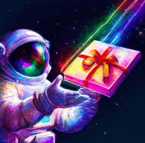 Astronaut with a glowing gift in space