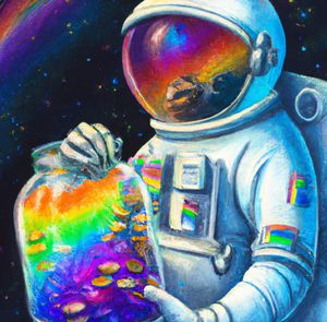 Astronaut holding tip jar