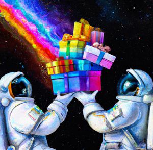 Astronauts with gifts in space